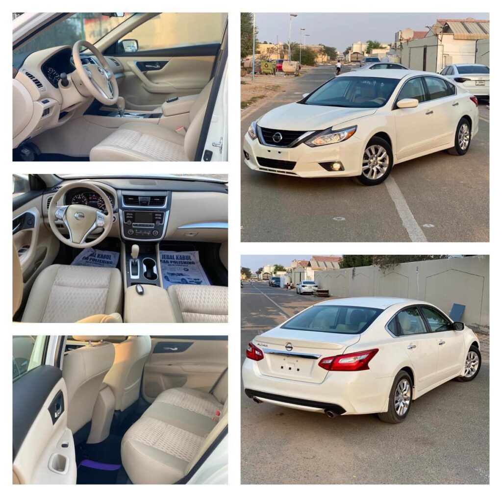 A collection of five pictures depicting the interior of a white car, emphasizing the stylish upholstery and spacious layout.