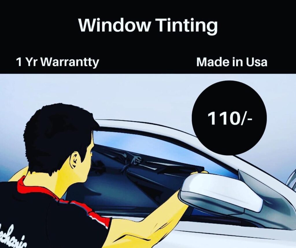 A man operates a window tinting machine, applying tint to a car's windows for enhanced privacy and UV protection.